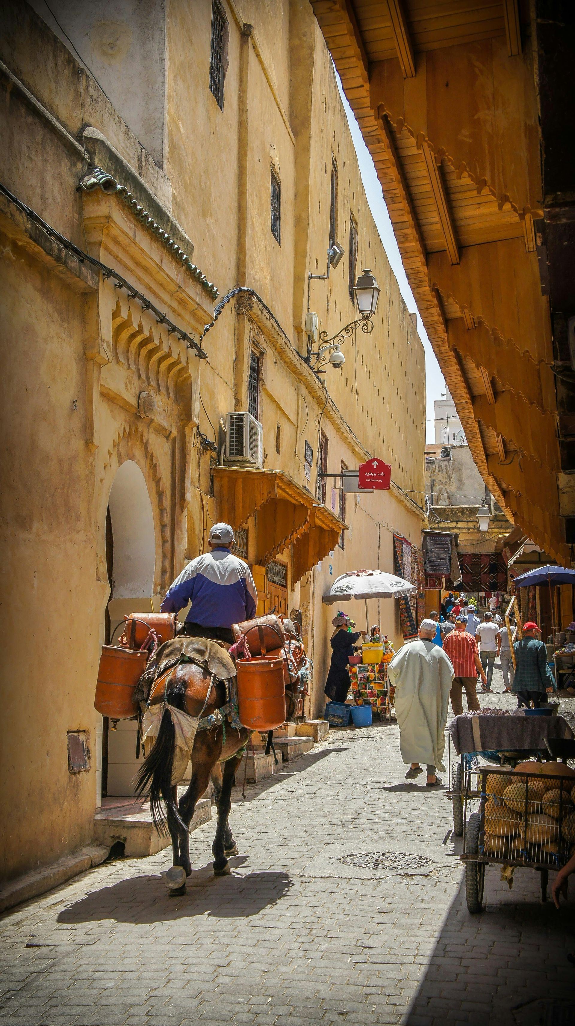 A man is riding a donkey down a narrow street in Fes, Morocco.