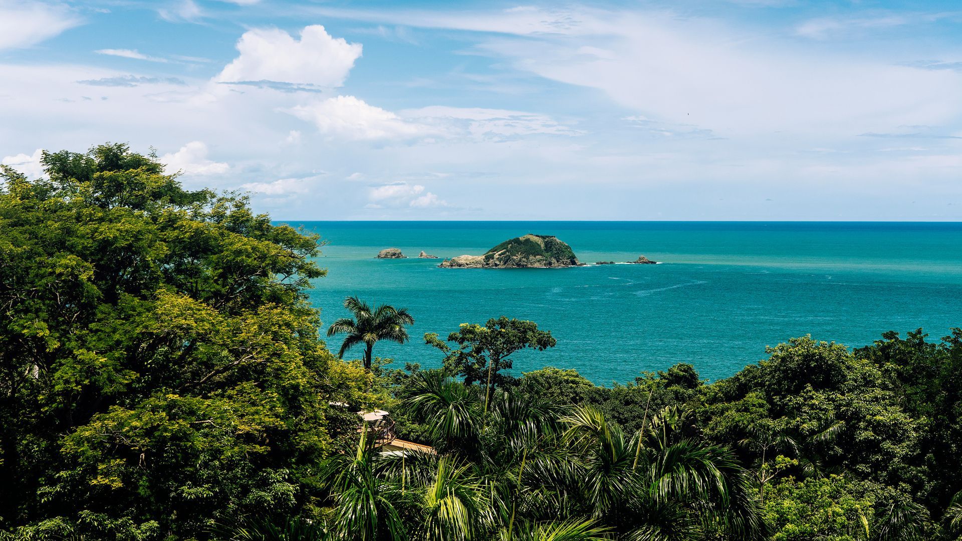 Vibrant blue ocean view with small island, framed by lush green trees in Manuel Antonio, Costa Rica.