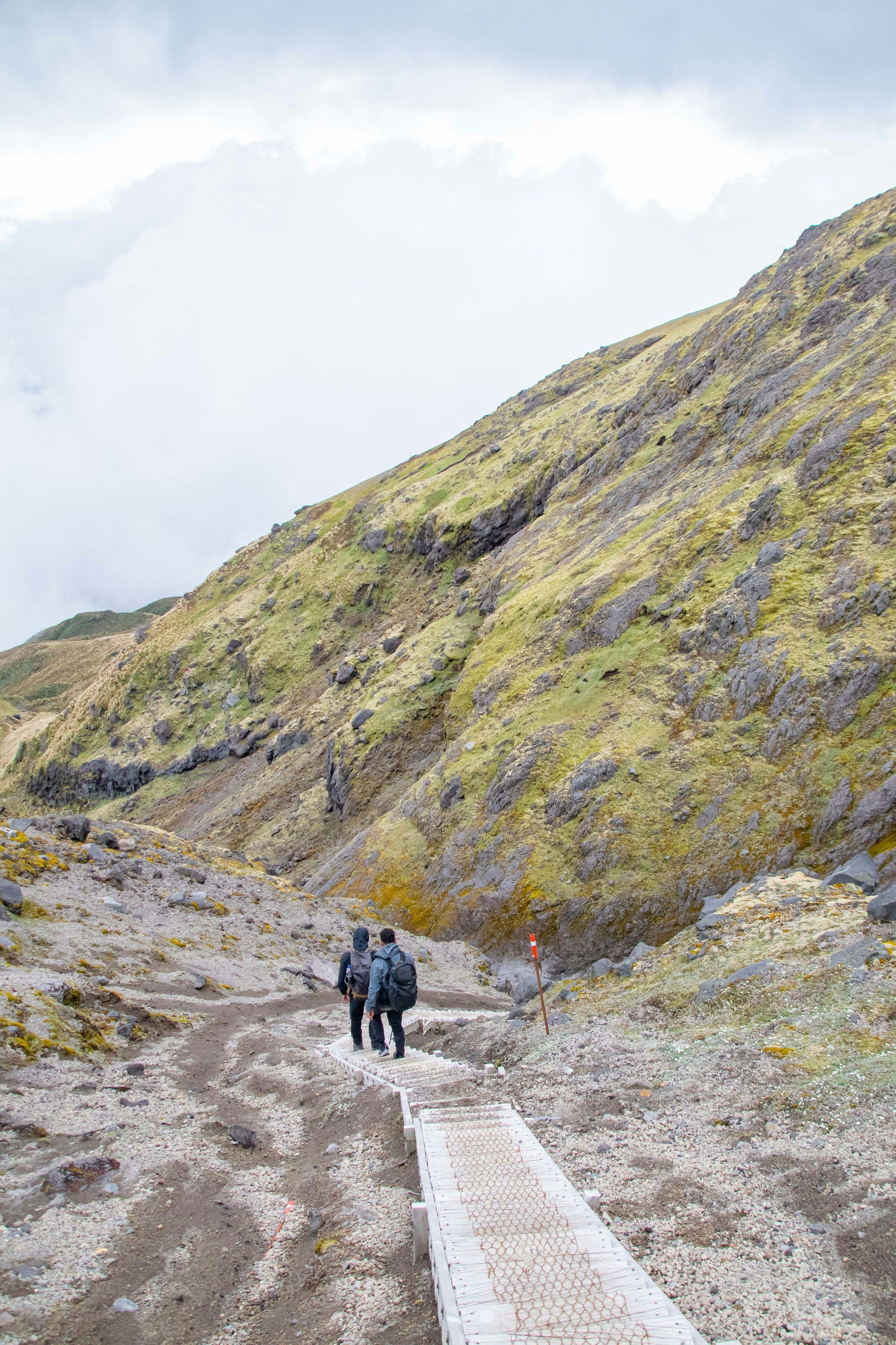 Two people are hiking down a dirt path on the Mount Taranaki Summit Track, Taranaki, New Zealand.