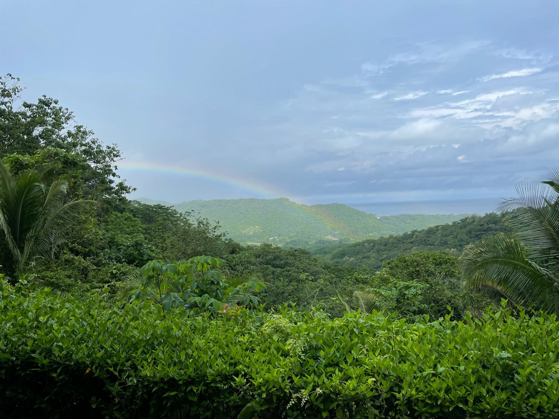 A vibrant rainbow arches over a lush, green valley, with a glimpse of the ocean visible in the Osa Peninsula, Costa Rica.
