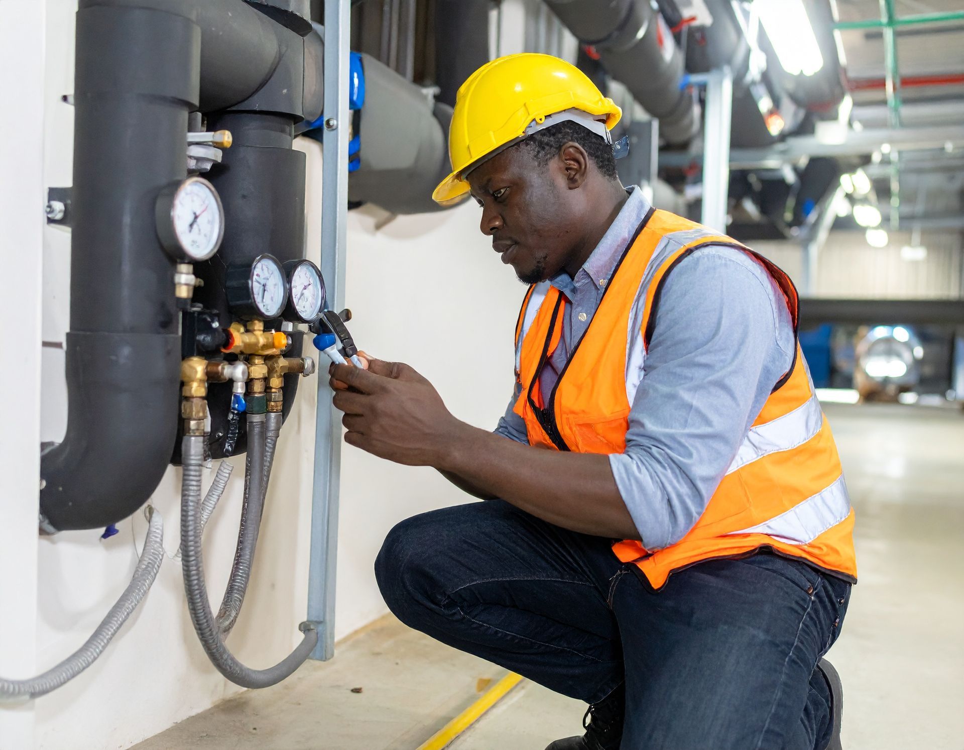 Worker in a yellow hard hat inspecting industrial pipes with a pressure gauge in a factory.