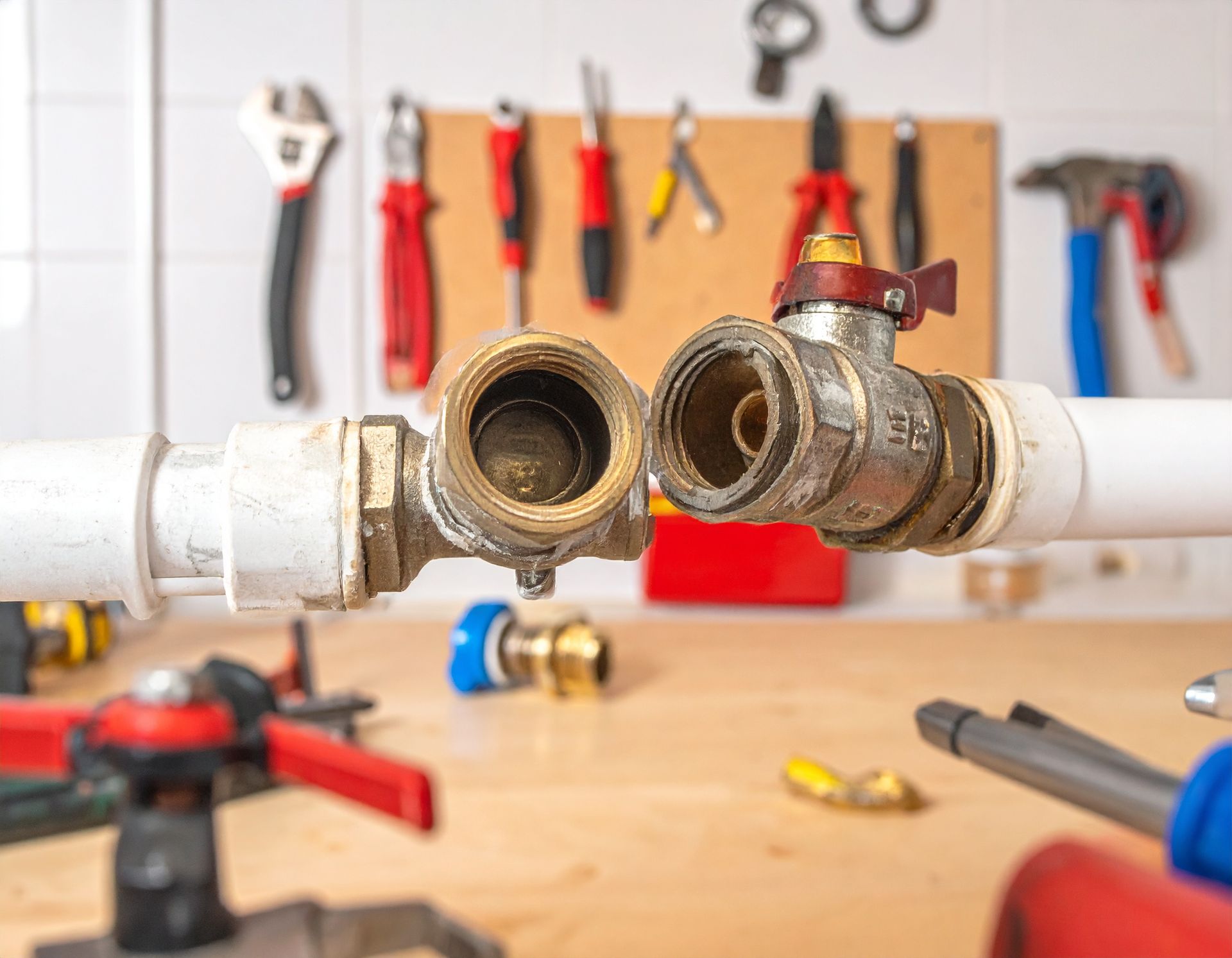 Two disconnected white pipes with brass fittings on a workbench in a plumbing workshop