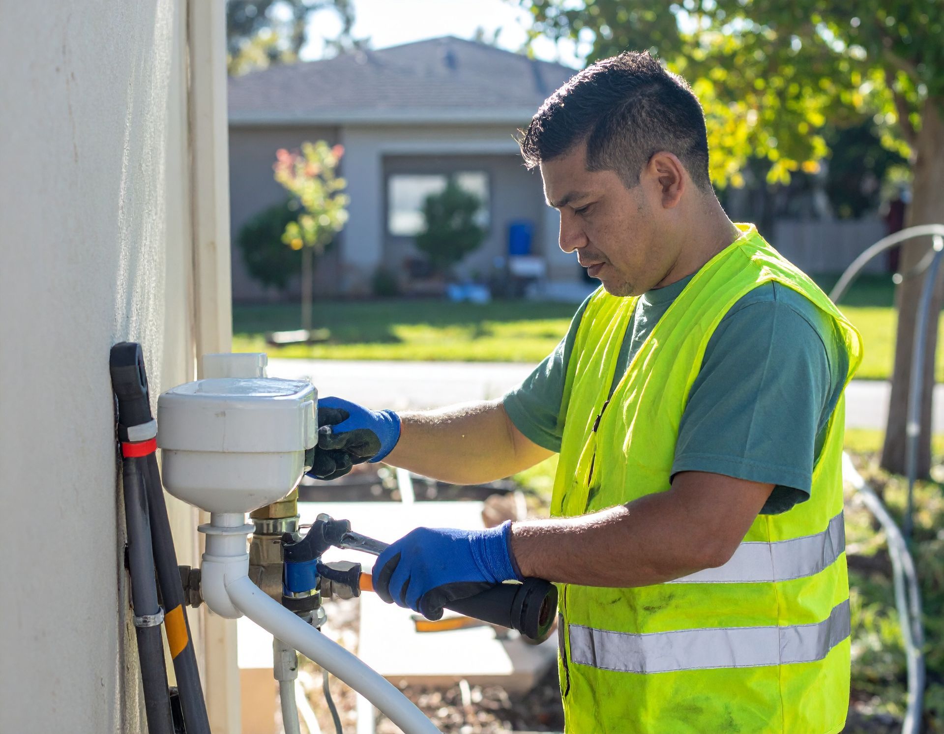 Utility worker in neon vest adjusting a water meter beside a house outdoors