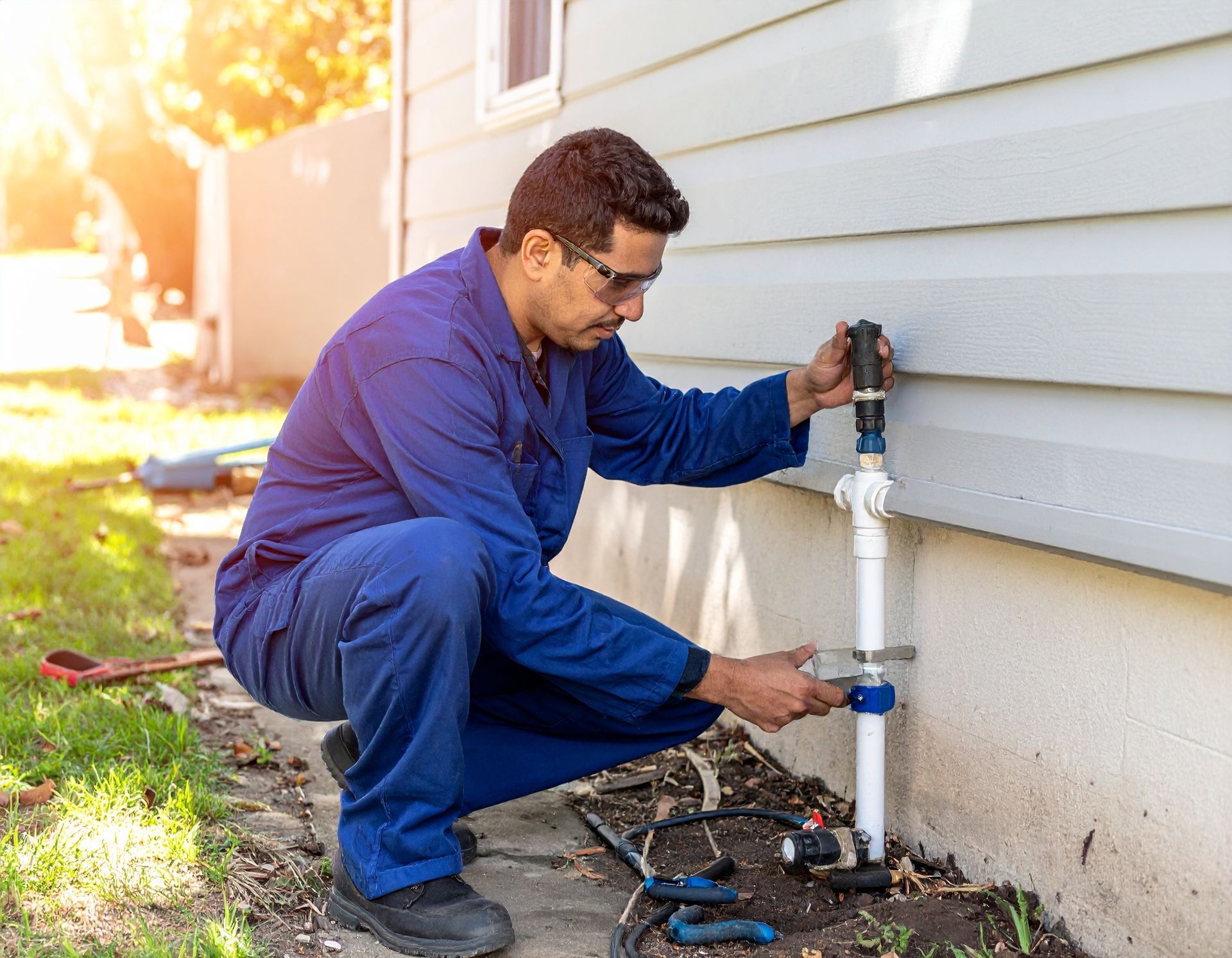 Plumber in blue coveralls repairs an outdoor pipe beside a house wall.
