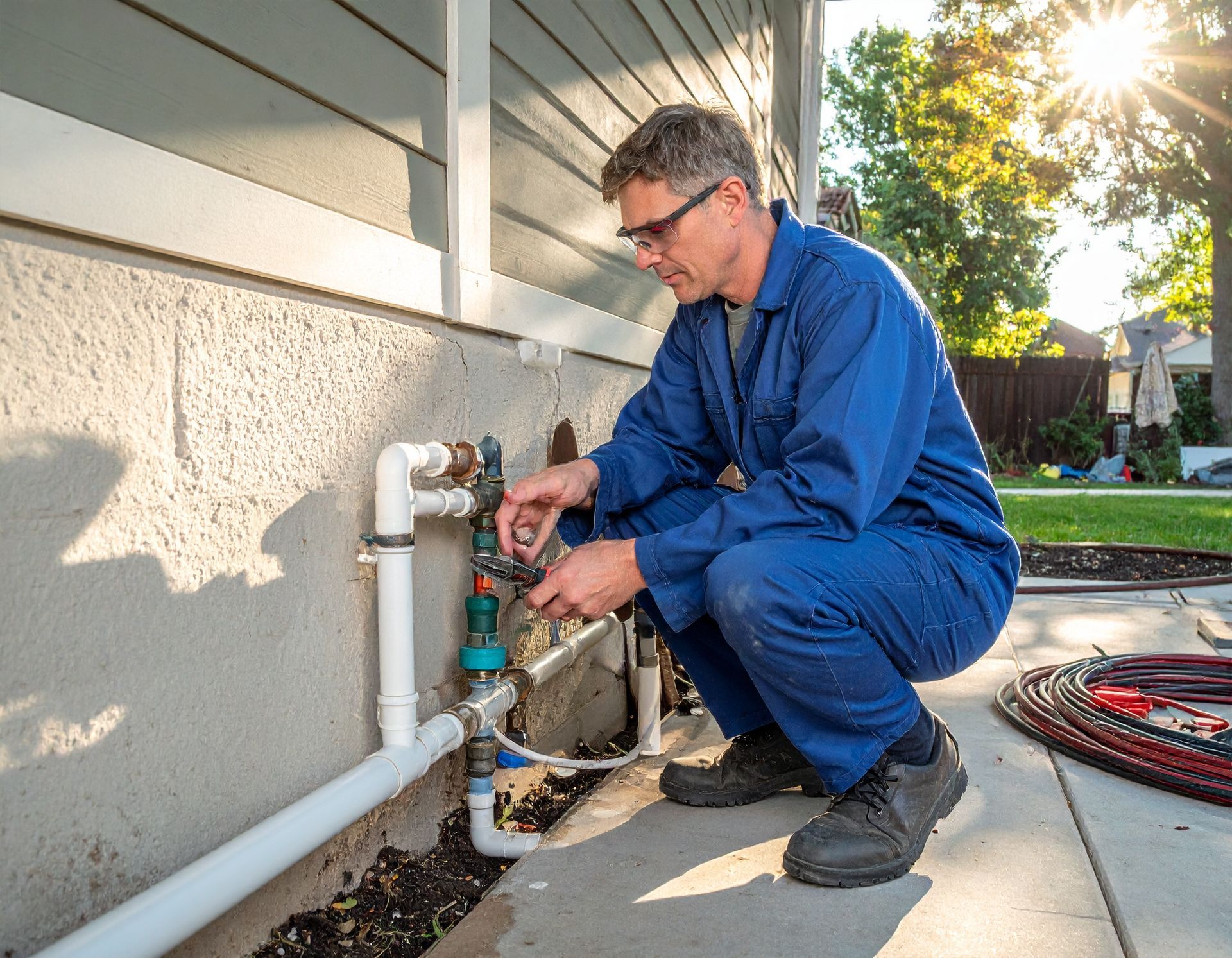 Plumber in blue uniform repairing outdoor water pipes beside a house