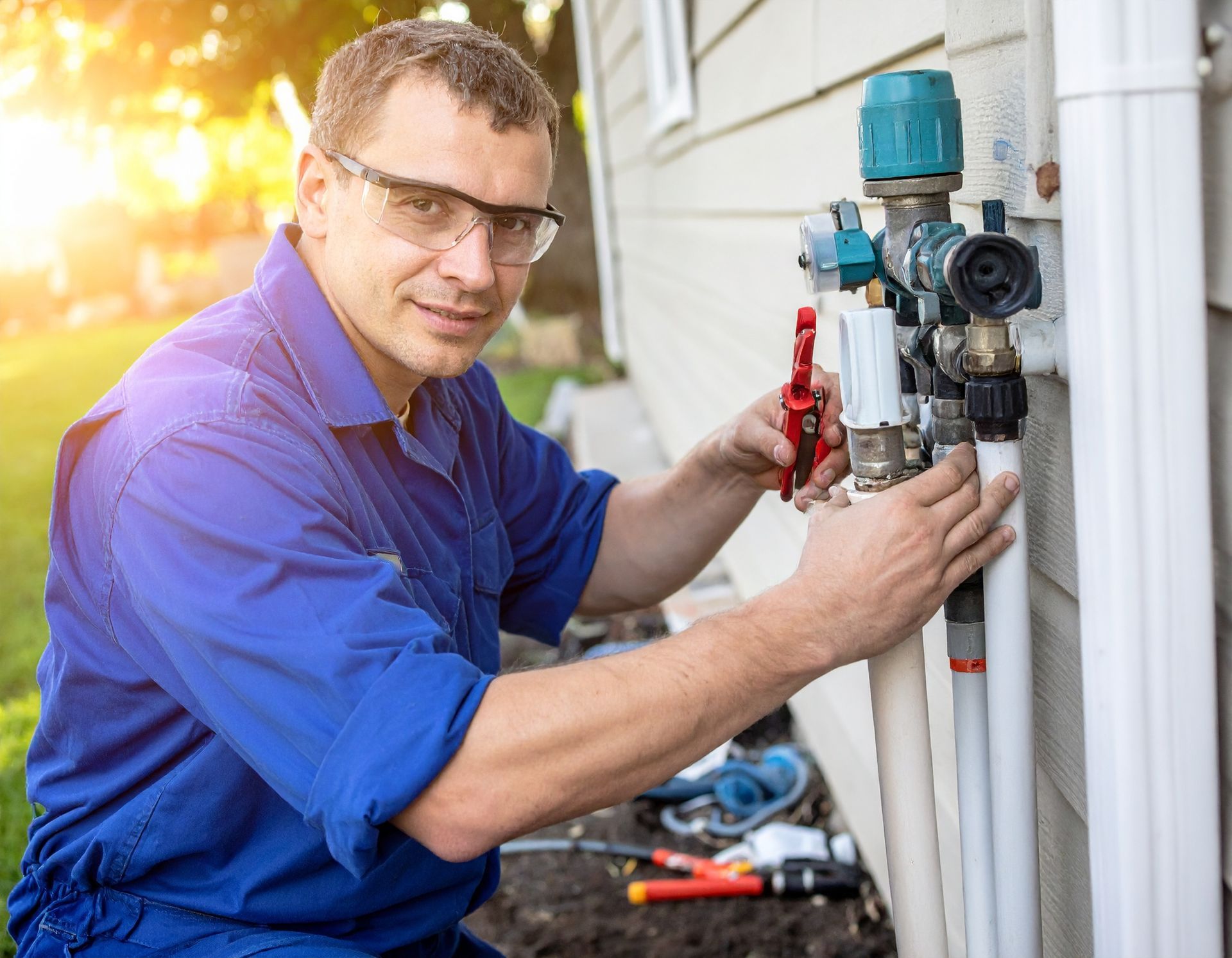Technician adjusting outdoor plumbing valves beside a house, wearing a blue shirt and safety glasses.