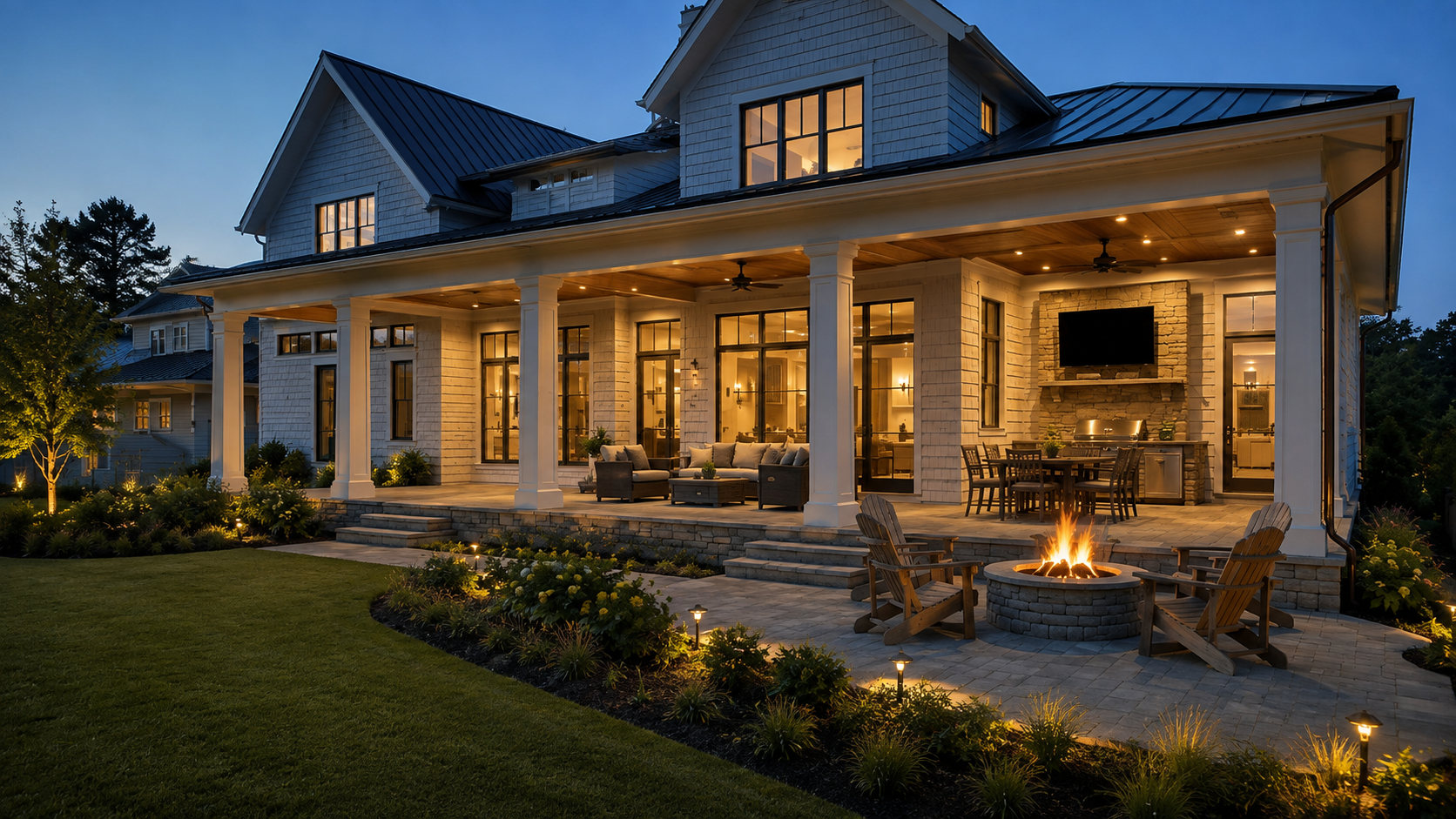 Covered screened porch with coastal-grade decking and warm outdoor lighting in a Lewes, Delaware