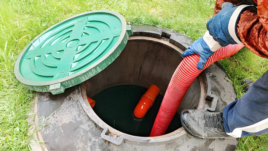 Open manhole with green cover, red hose, and worker lowering equipment into the shaft