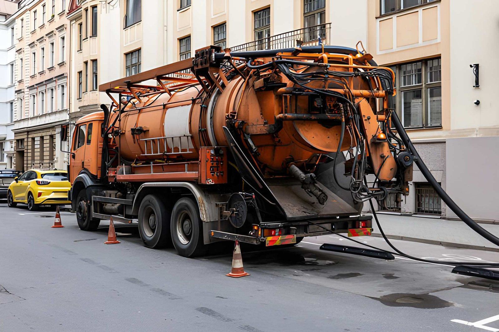 Orange sewer cleaning truck parked on a city street with hoses and cones nearby