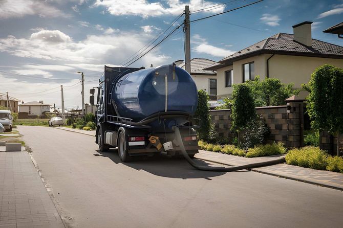 Blue tanker truck parked on a sunny suburban street beside houses and hedges