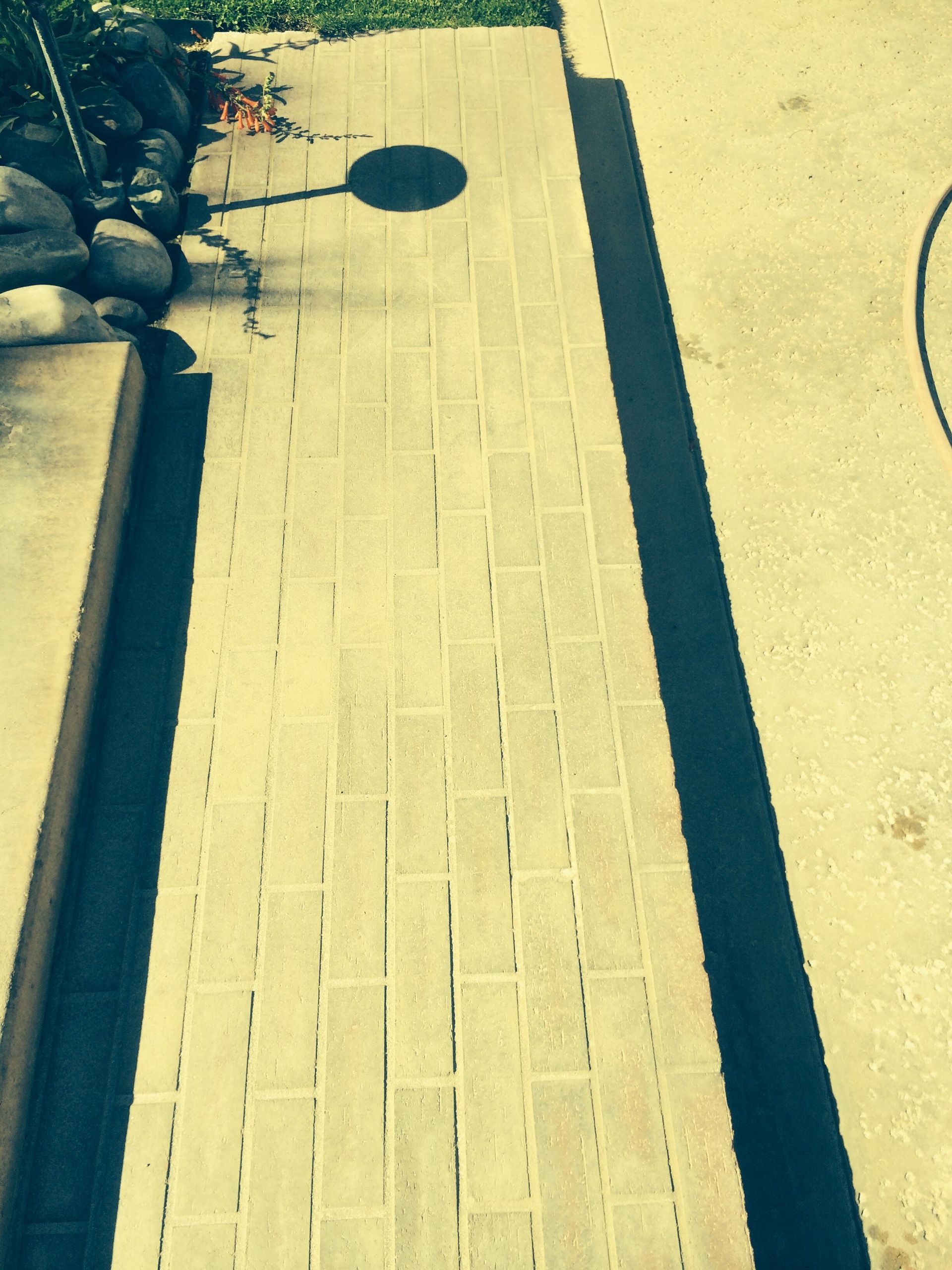 A brick walkway with a black line in the middle