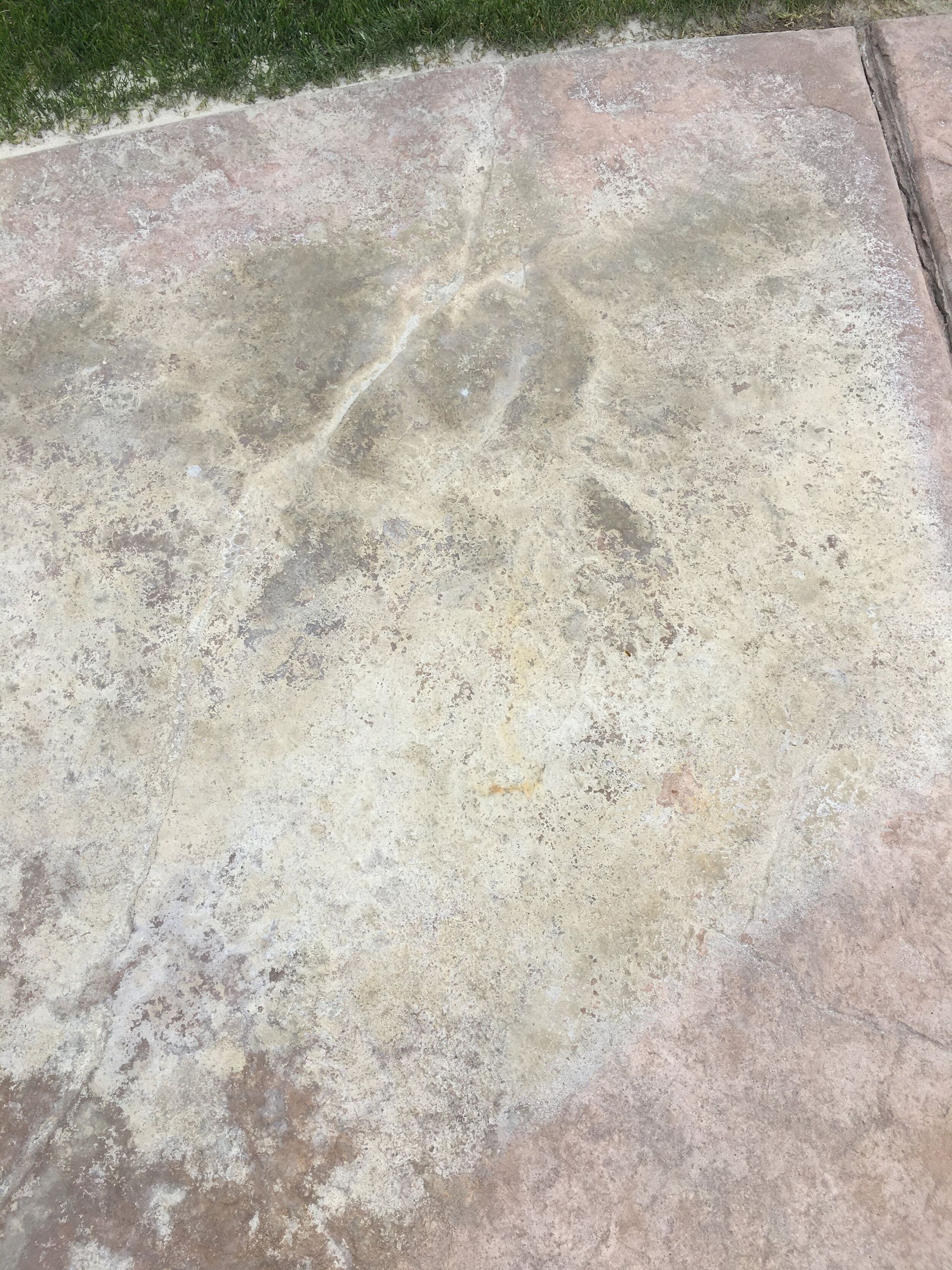 A close up of a concrete floor with grass in the background.