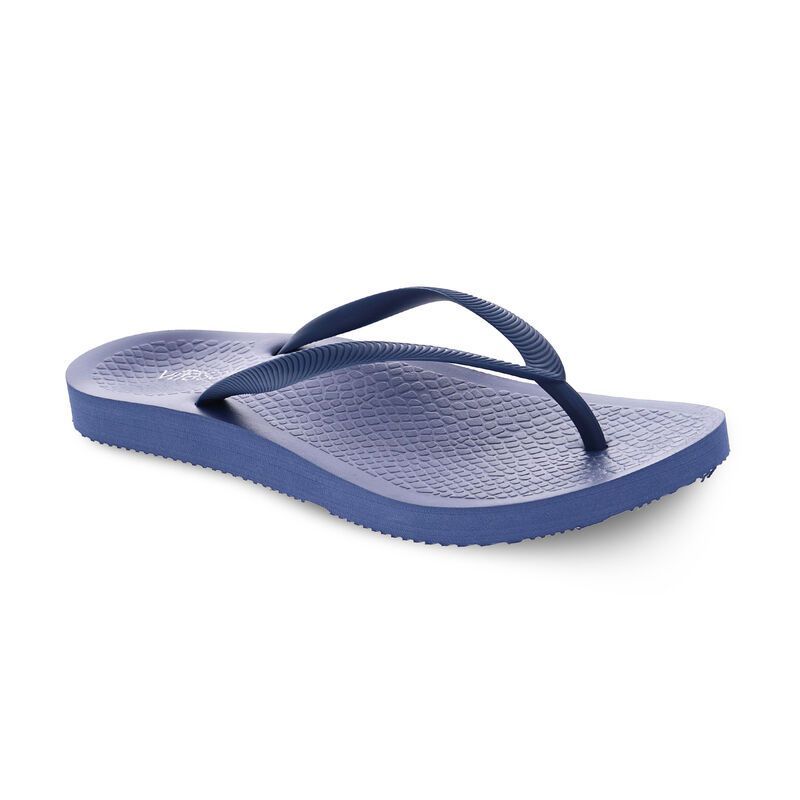 Blue flip-flop sandal with a thong strap, isolated on a white background