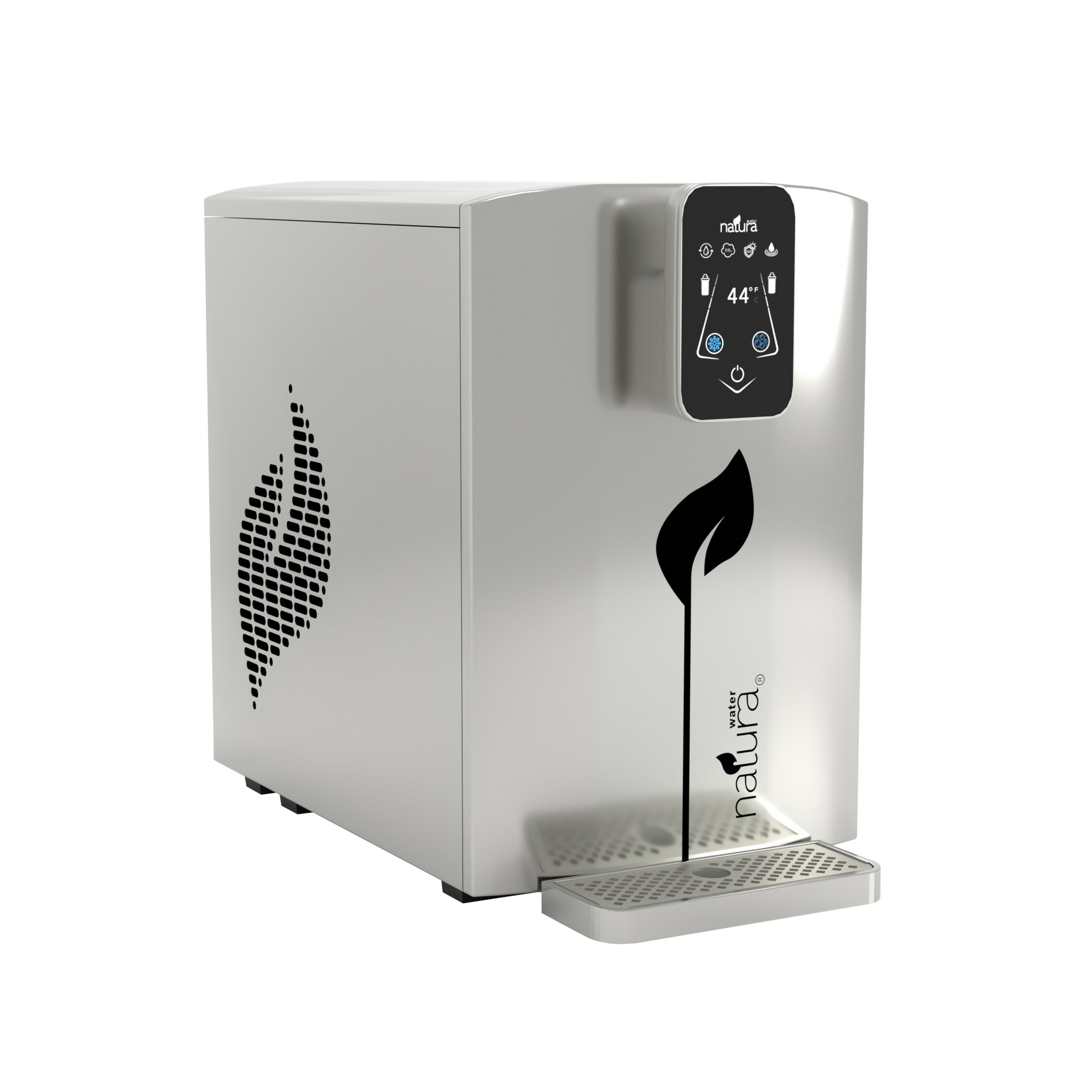 Stainless steel water cooler with black leaf logo and digital display.