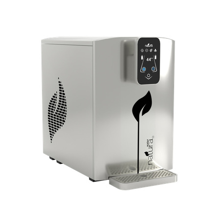Stainless steel water cooler with black leaf logo and digital display.
