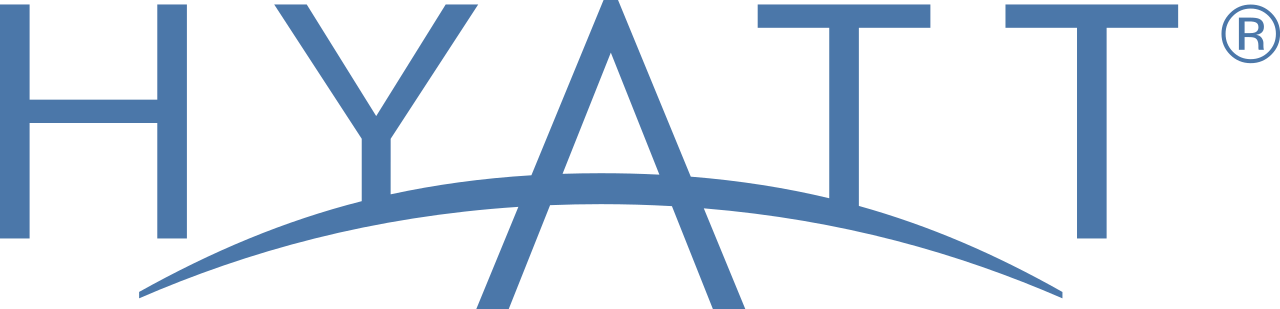 Hyatt logo in blue with an arc below, registration mark at the top right.