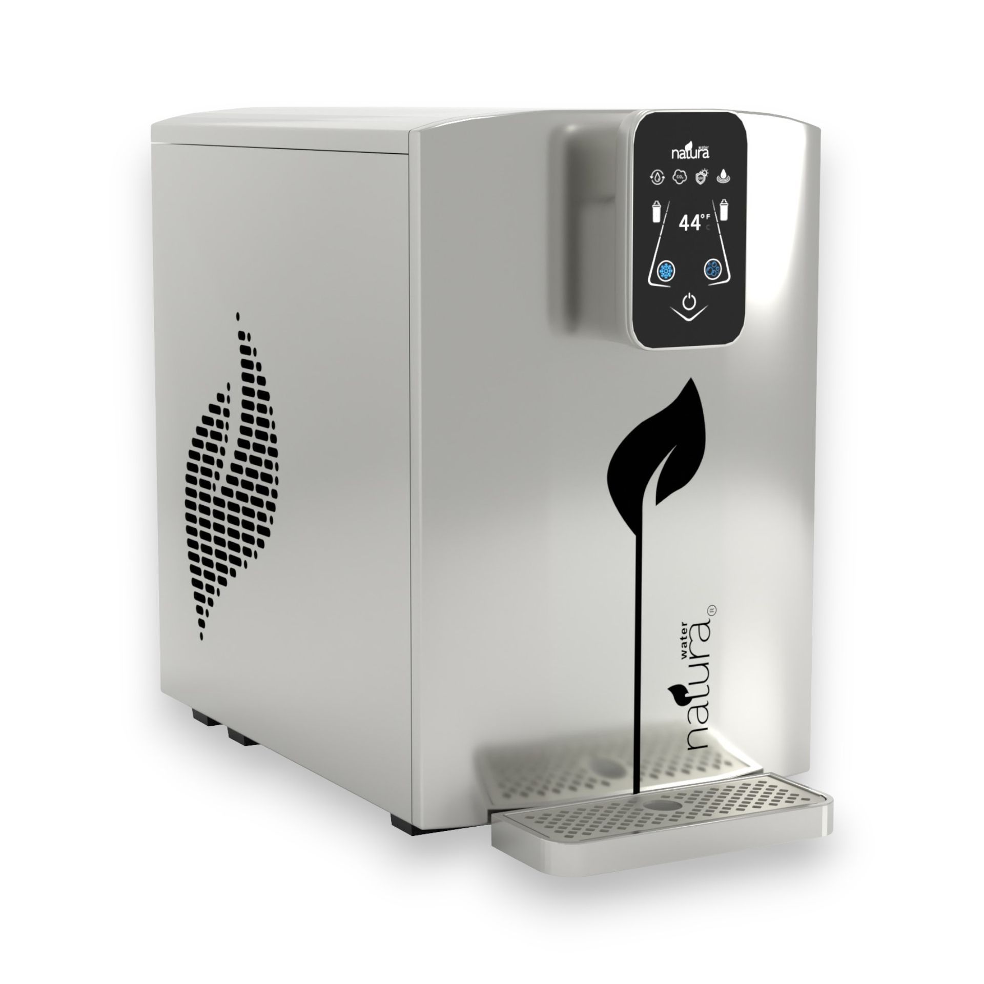 Silver water dispenser with touch screen and leaf logo, dispensing water onto a drip tray.