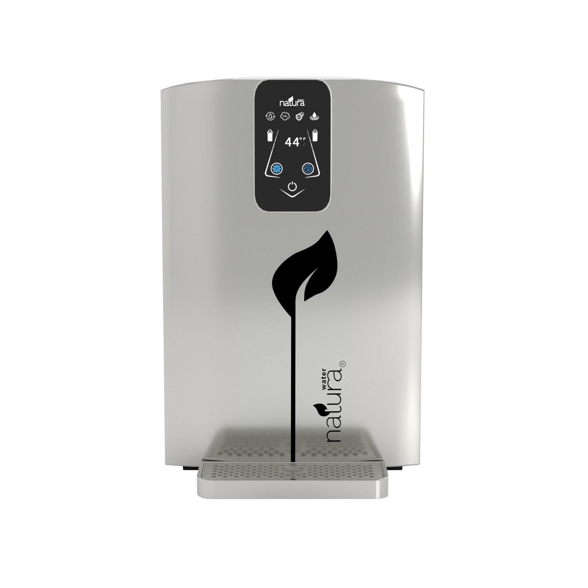 Silver Natura water dispenser with digital display and leaf logo.