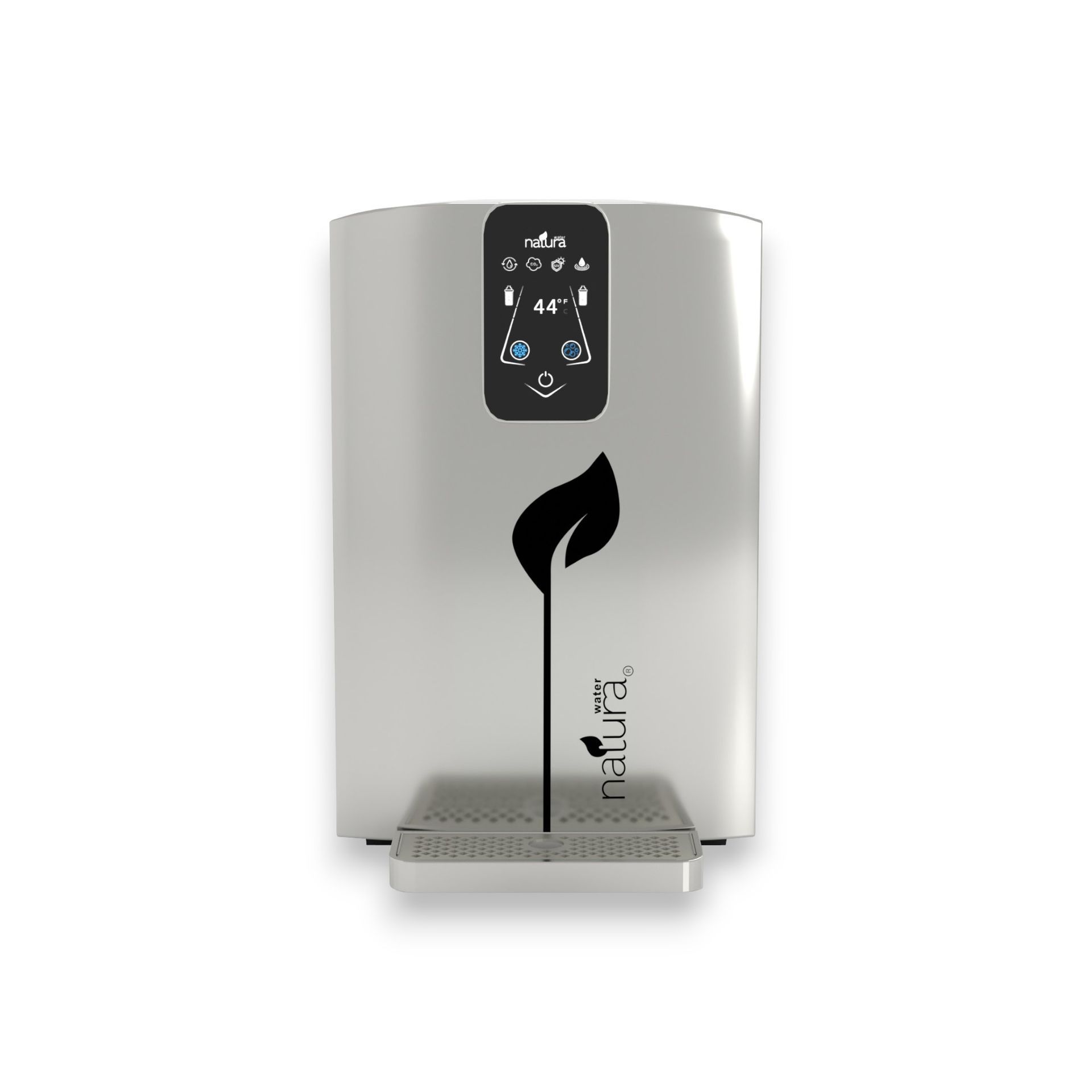 A stainless steel water dispenser with a leaf on it.
