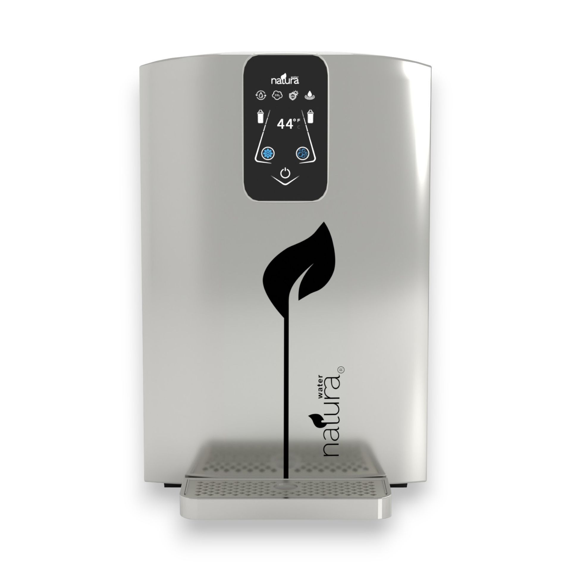 Silver water dispenser with digital display, leaf logo, and a small drip tray.