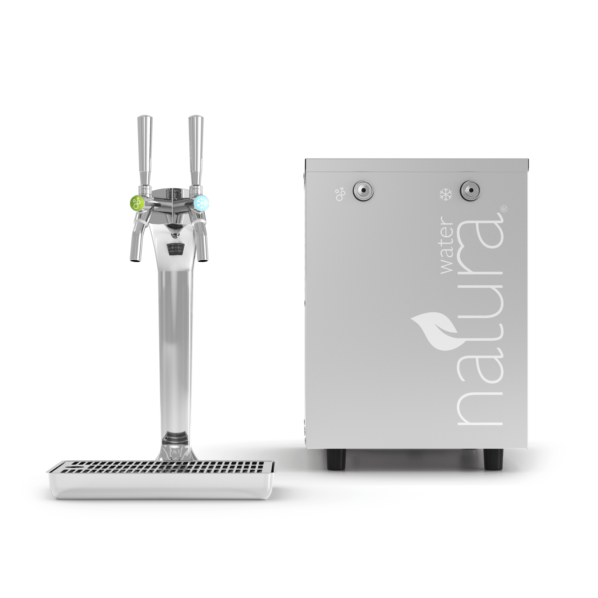 Water Natura water dispenser with a two-tap tower and a silver dispensing unit.