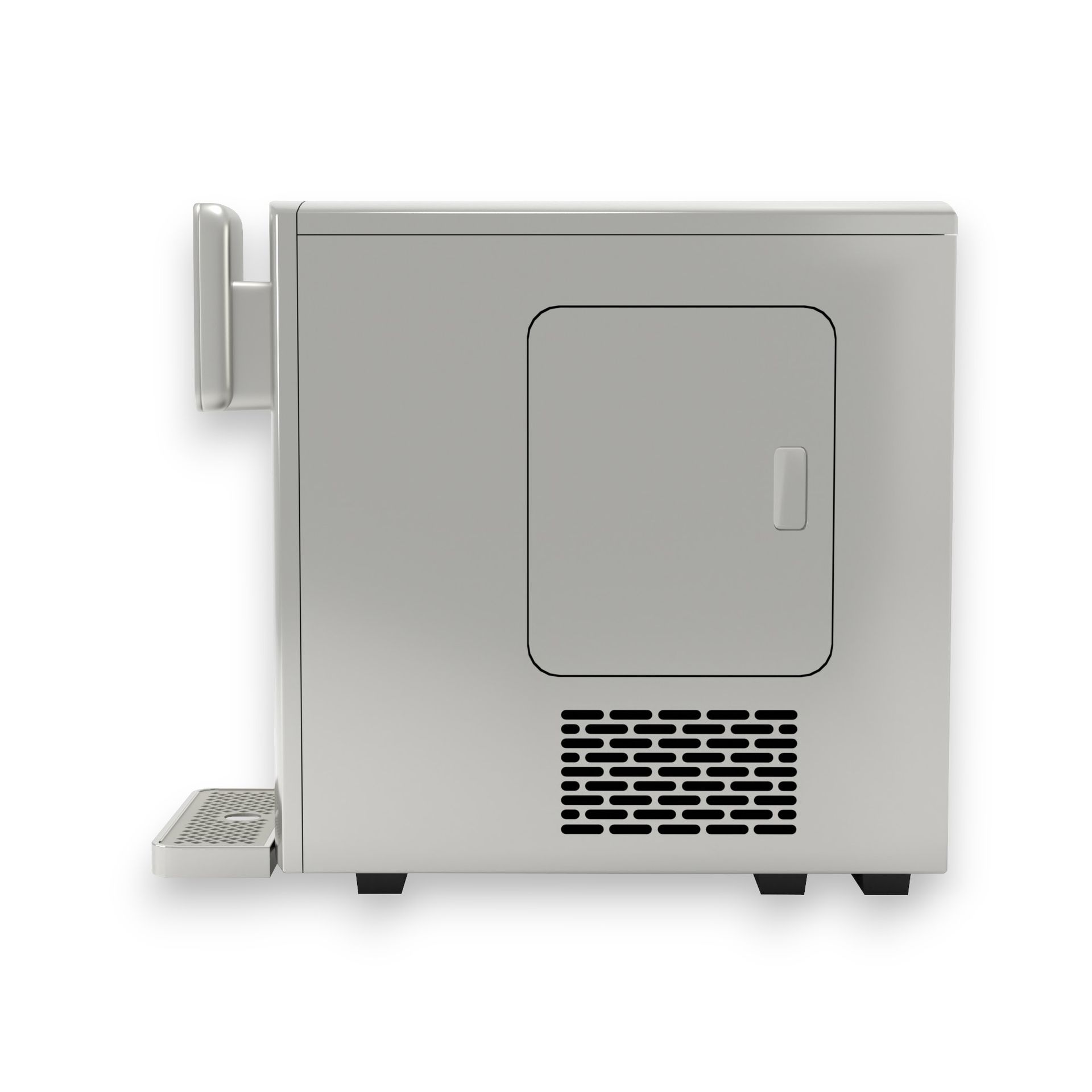 Side view of a silver coffee machine with a door and vent. A metal tray is to the left.