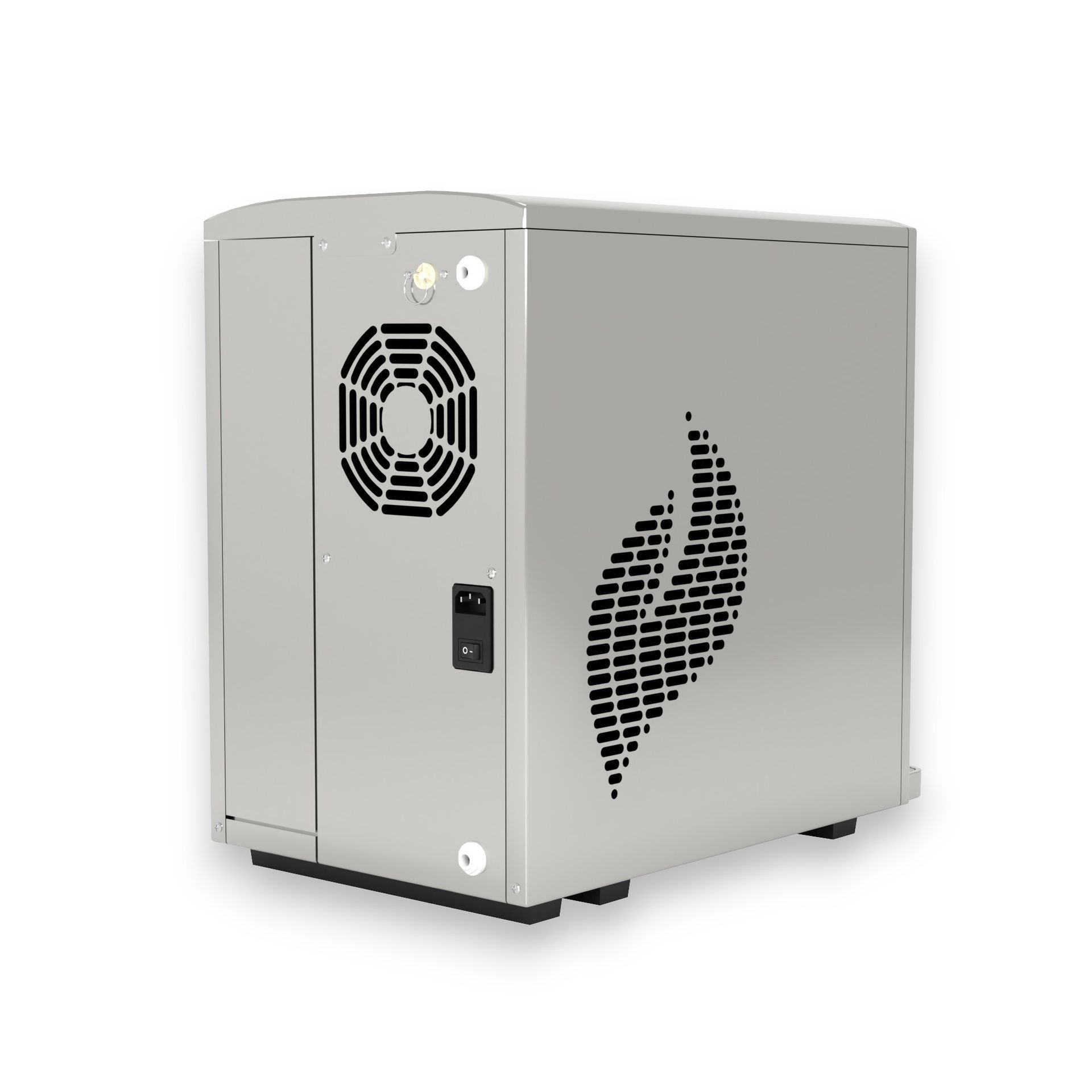 Silver metal box with a fan, leaf design, and controls.