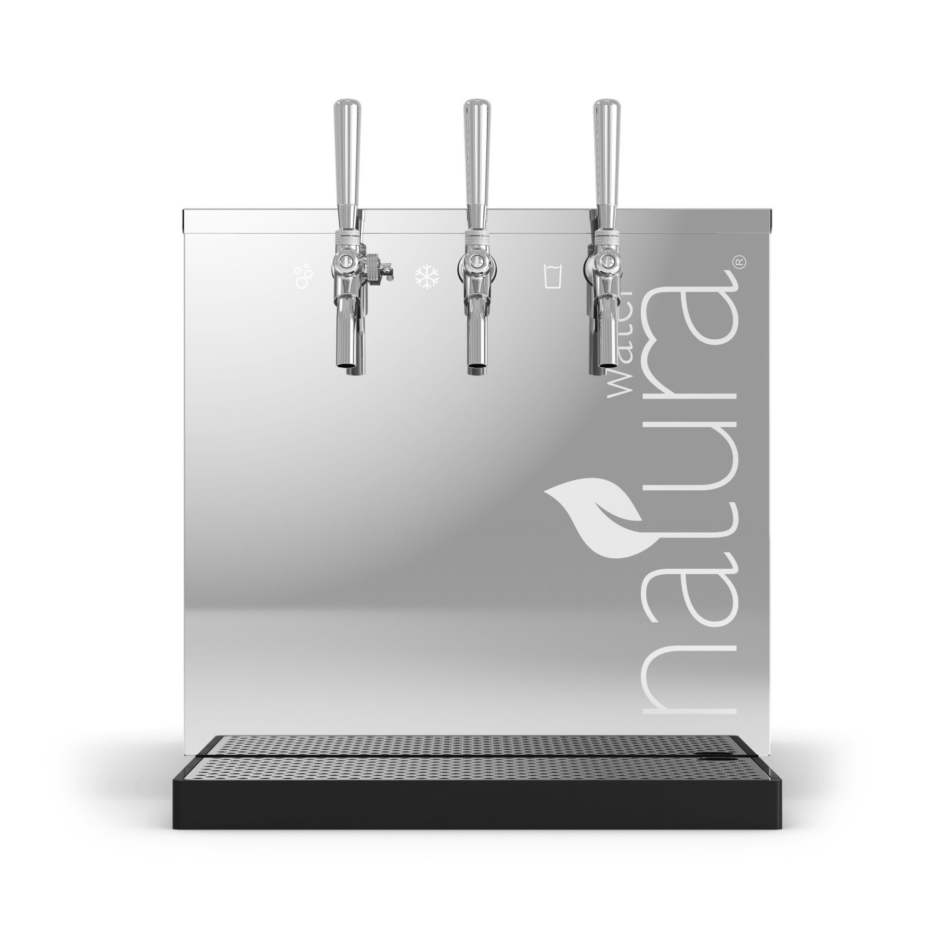 Stainless steel water dispenser with three taps, drip tray, and 