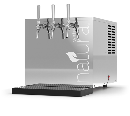 Stainless steel water dispenser with three taps, drip tray, and 