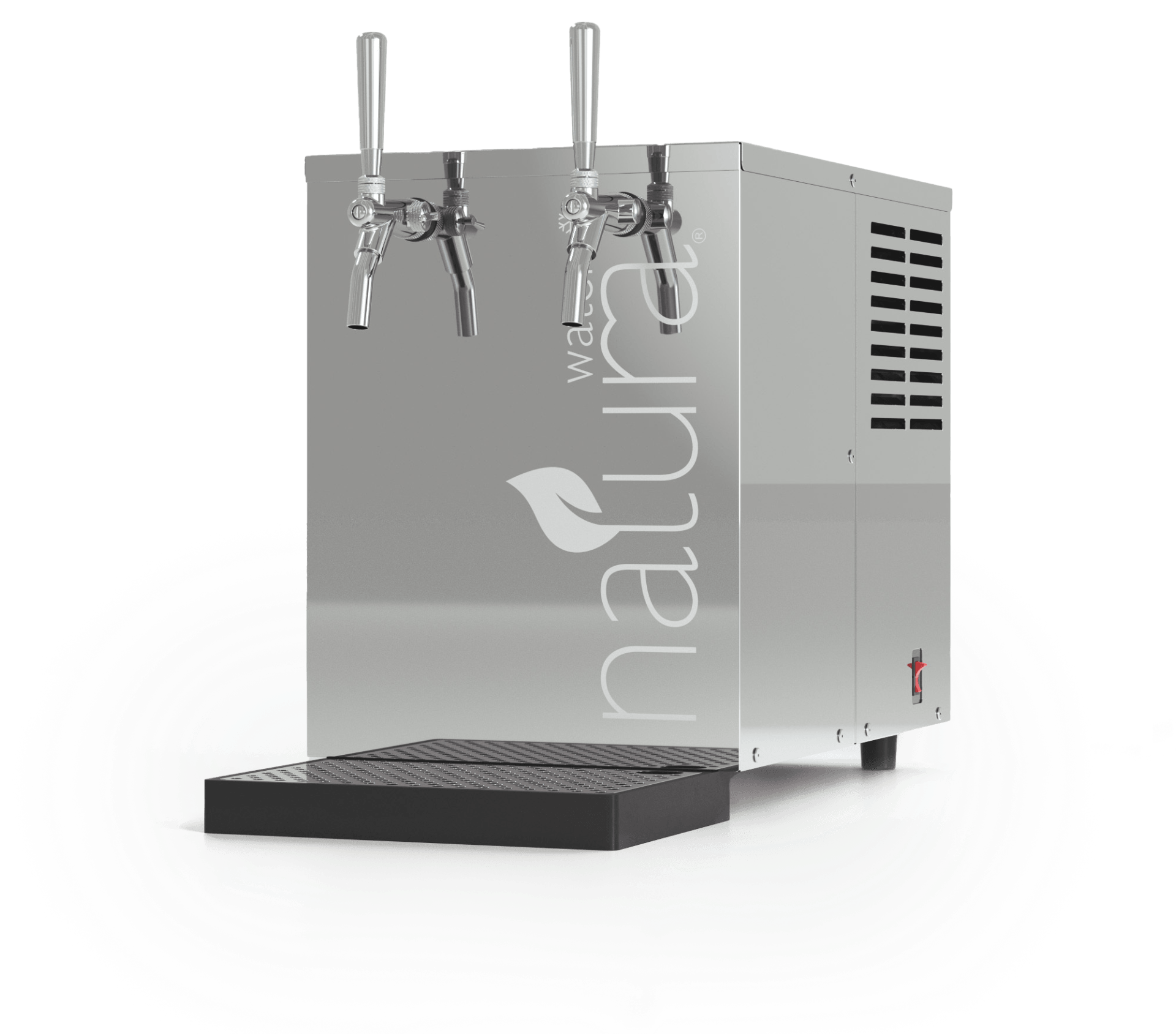 Stainless steel Natura draft beer dispenser with two taps and a black drip tray.