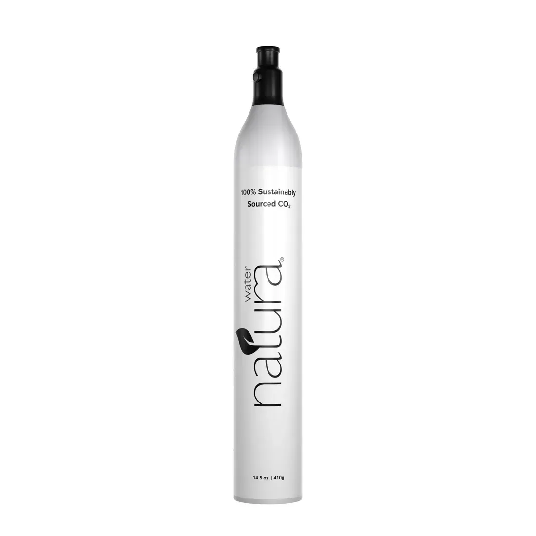 A tall, silver soda water cylinder with black accents and white text.