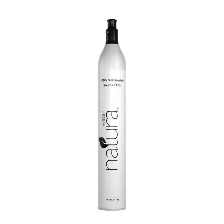 A tall, silver soda water cylinder with black accents and white text.
