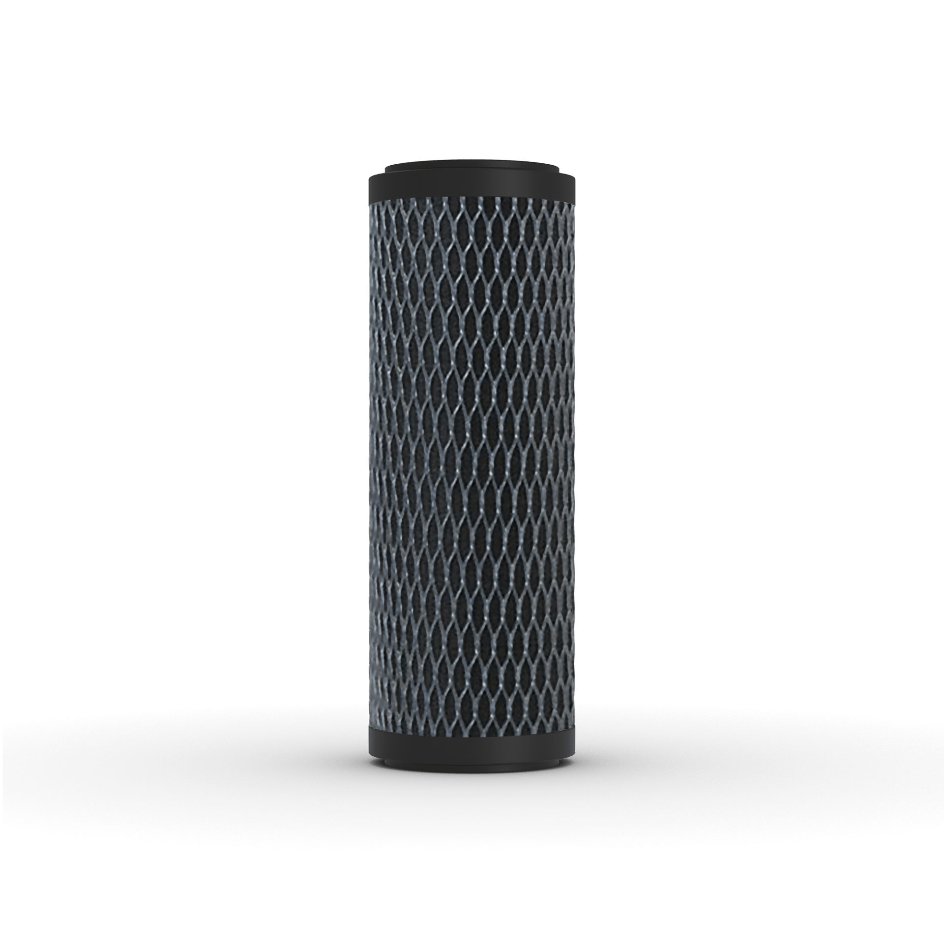 Carbon water filter, cylindrical shape, black with a patterned surface.