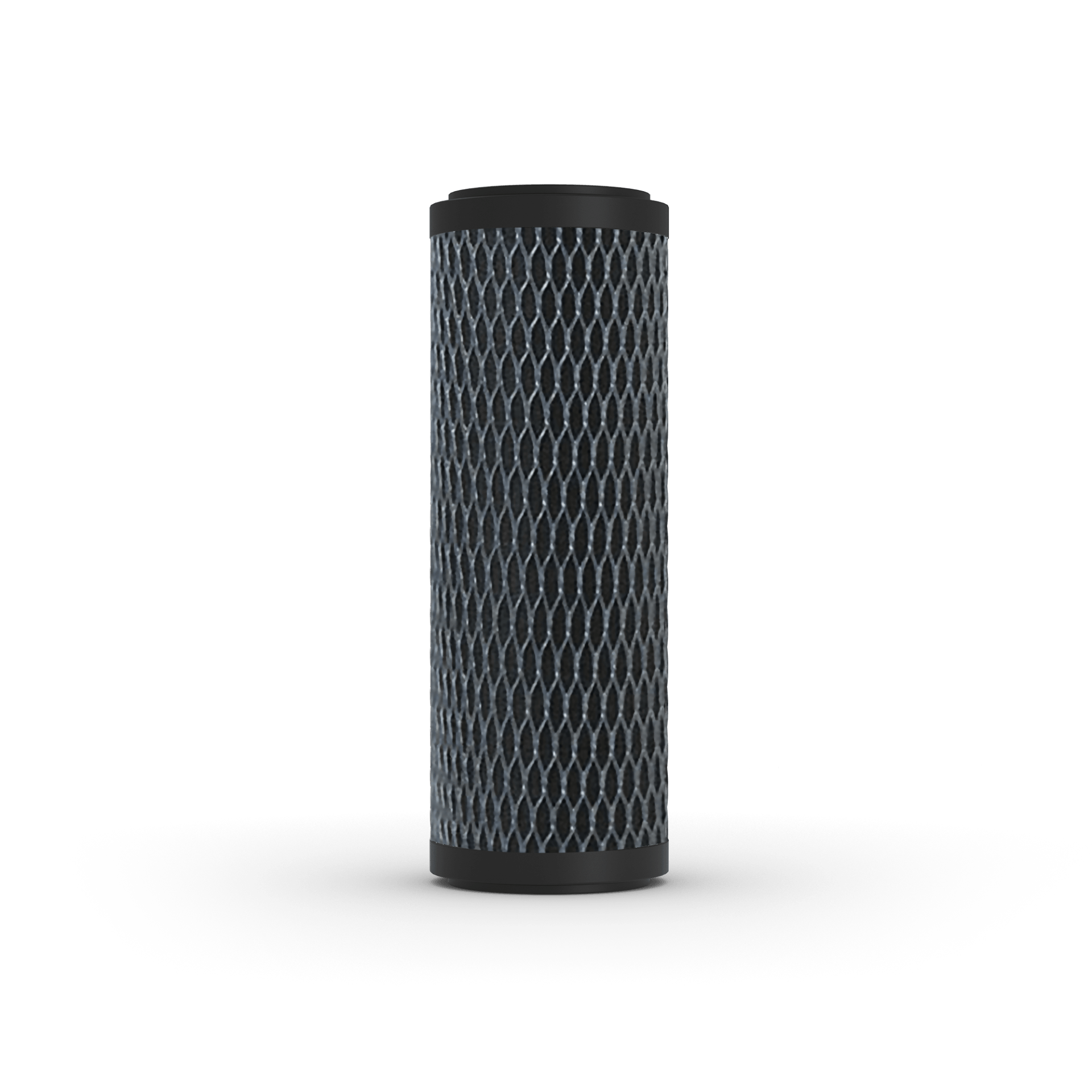 Carbon water filter cylinder. Black with a webbed pattern.