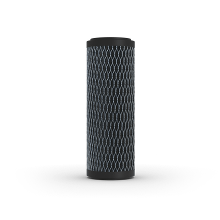 Carbon water filter cylinder. Black with a webbed pattern.