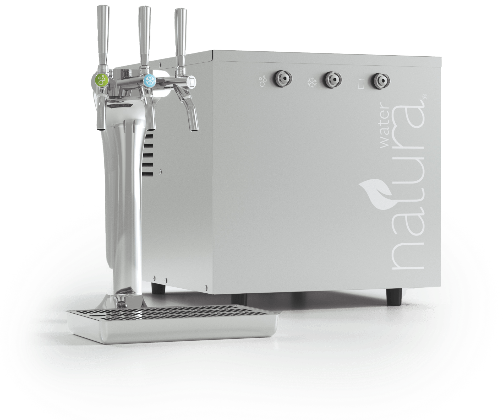 Stainless steel Natura water dispenser with three taps and a drip tray.