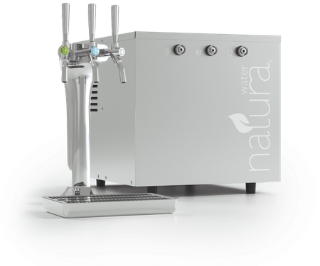 Silver Natura water dispenser with three taps, drip tray, and branded logo on the side.