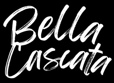 Bella Cascata logo in white script on a black background.
