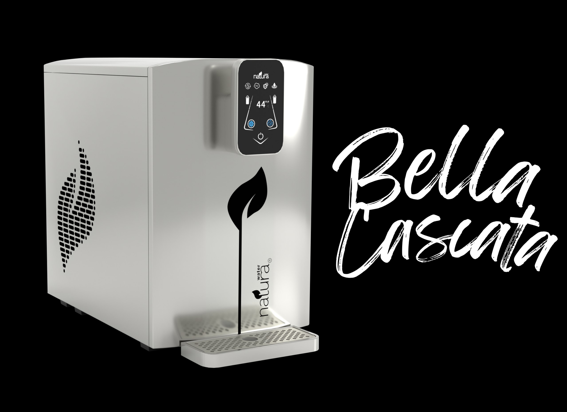 White water dispenser with a black leaf logo; the words 
