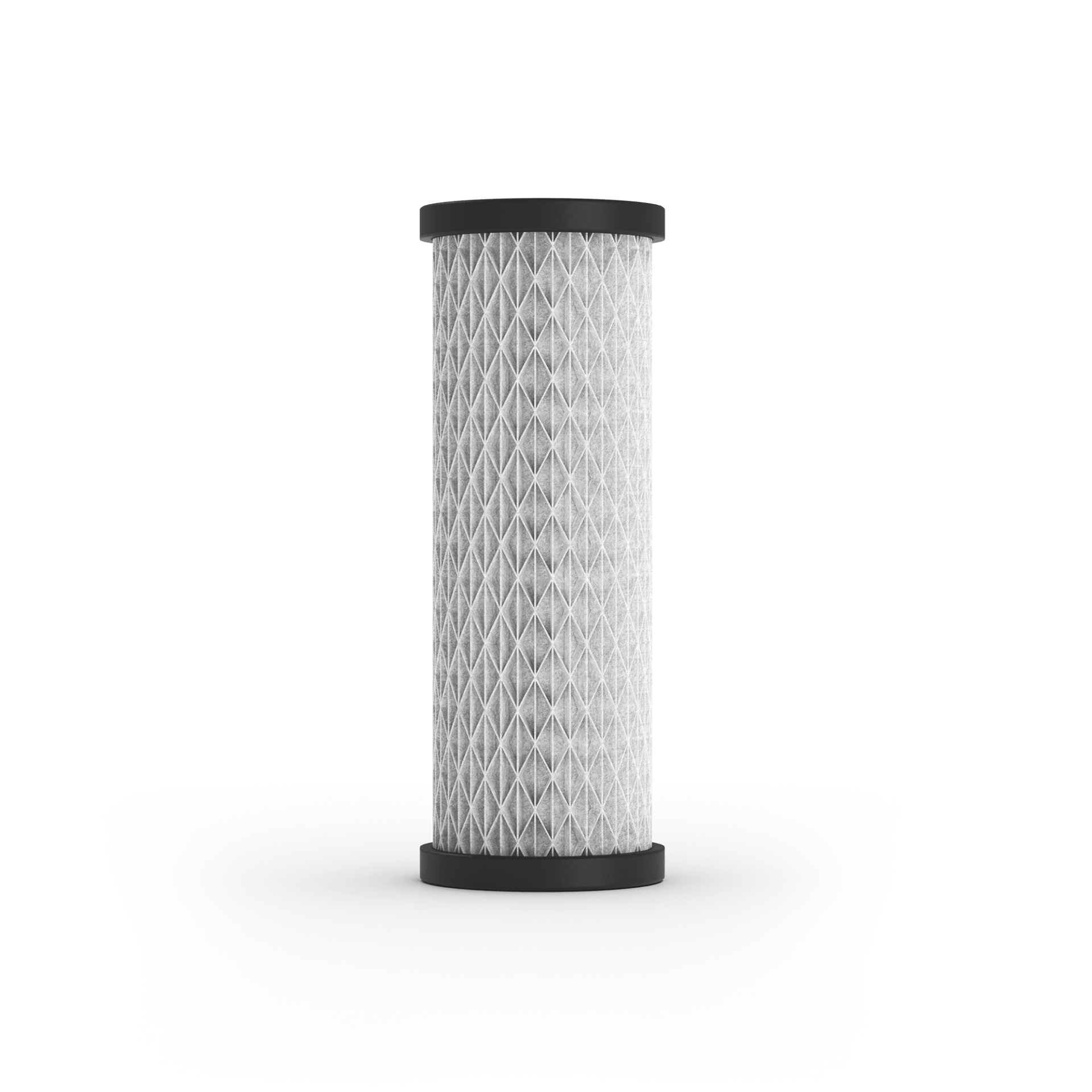 Cylindrical water filter with black ends and white pleated filter material.