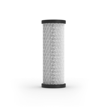 Cylindrical water filter with black ends and white pleated filter material.