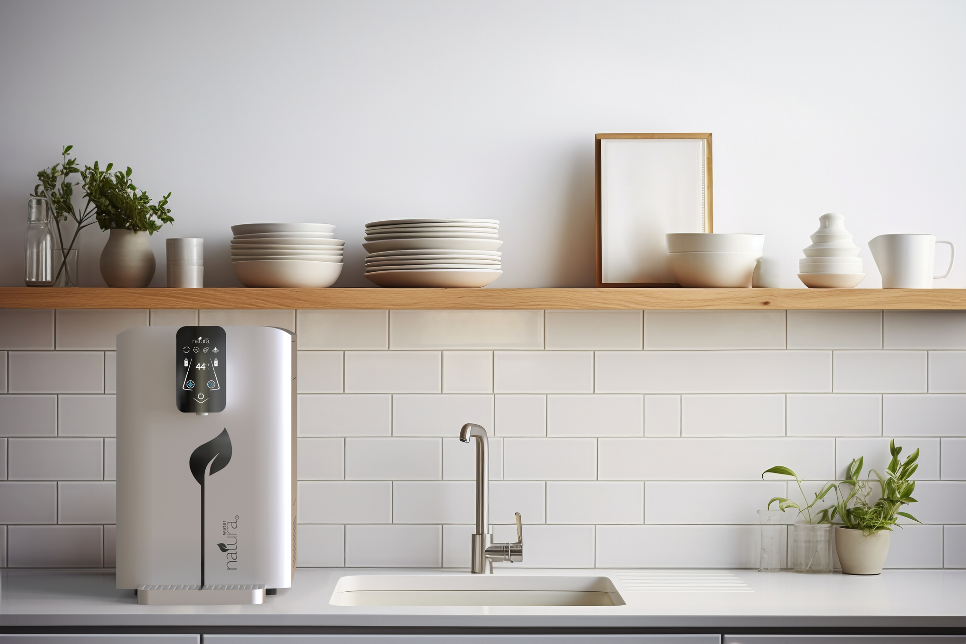 White water purifier in a modern kitchen setting with white tile and shelves holding dishes.