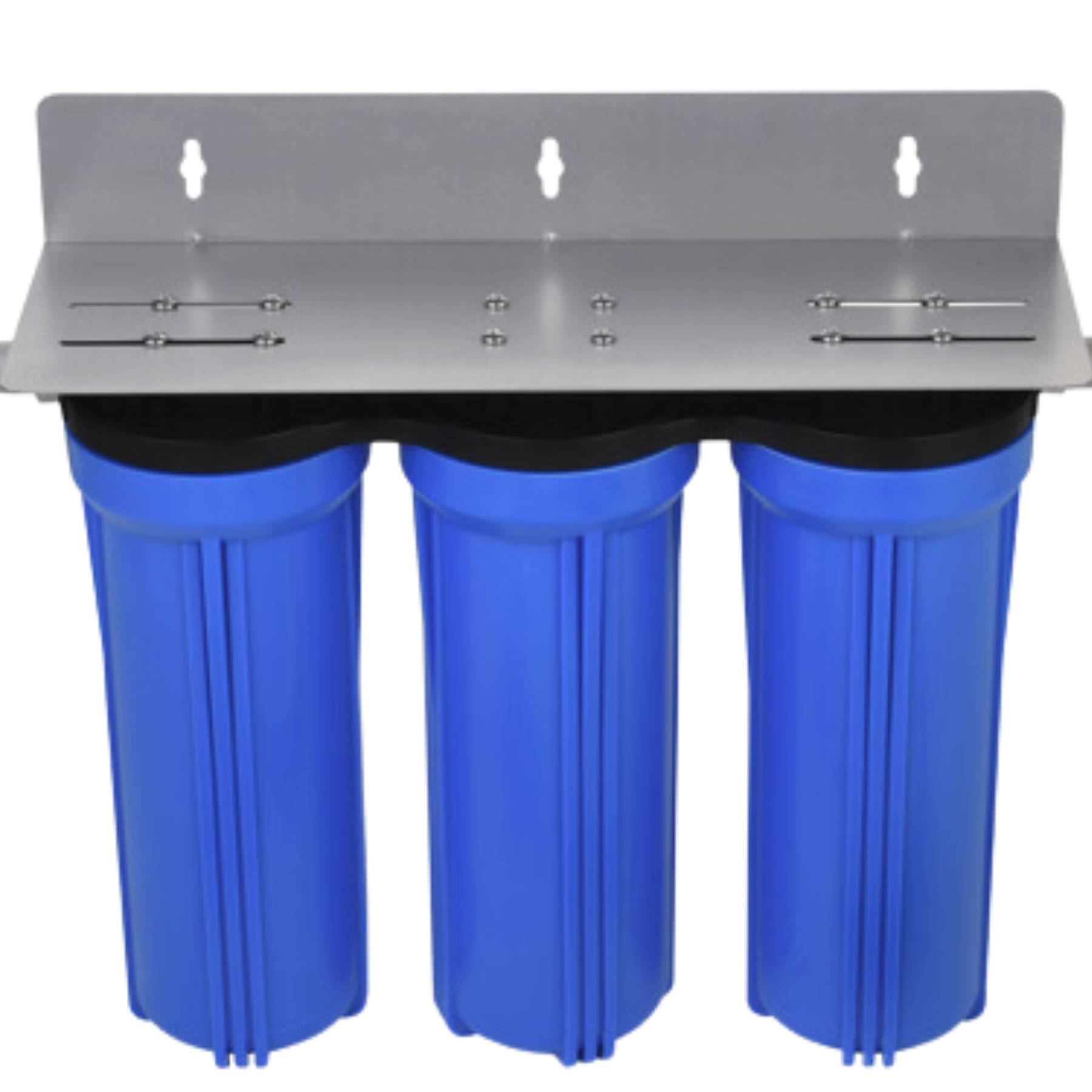 Blue water filter system with three canisters, mounted on a metal bracket.
