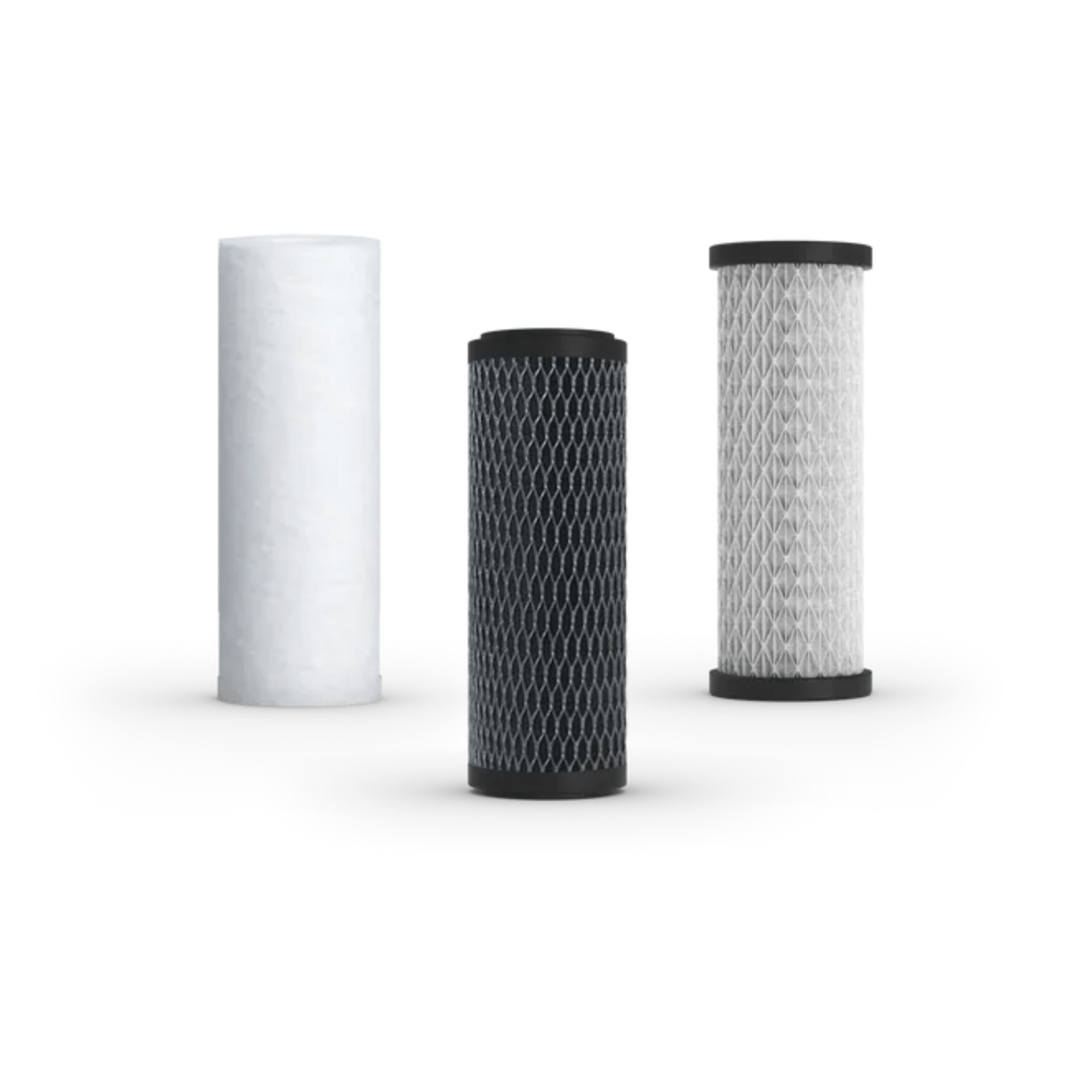 Three cylindrical water filters: white, black, and white-gray, on a white surface.