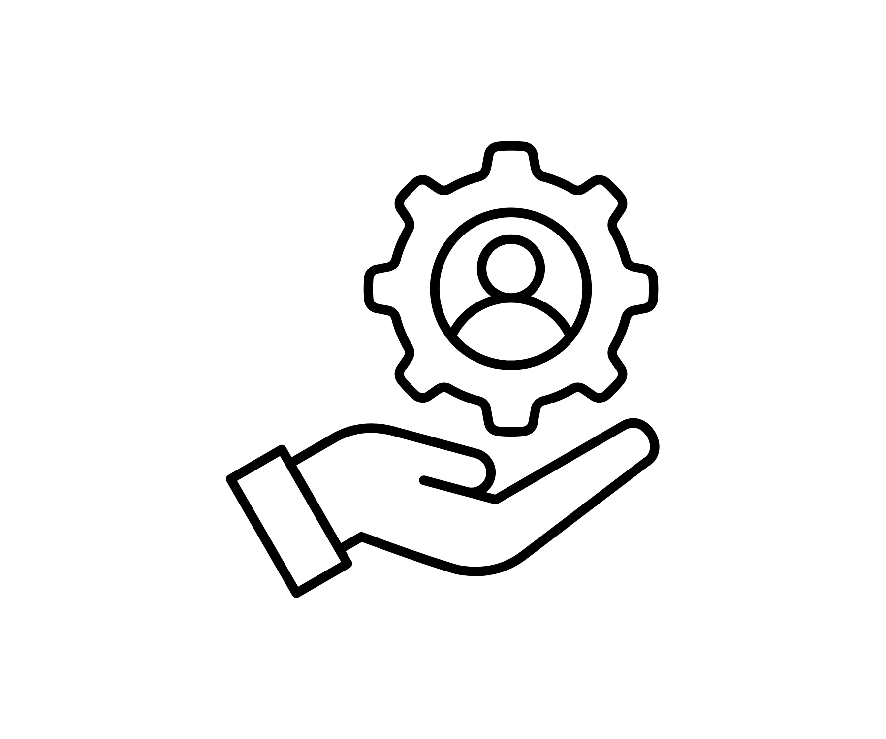 Hand holding a gear with a person icon, representing support or management.