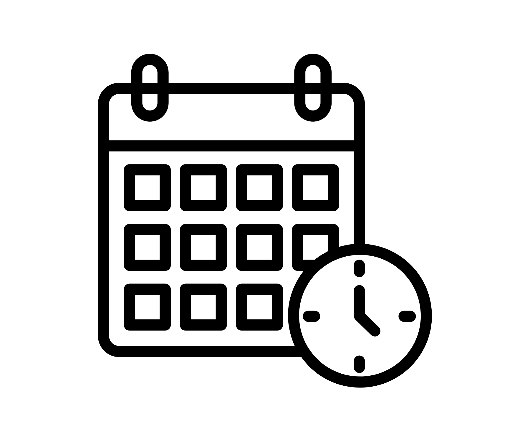 Calendar icon with a clock, representing scheduling or appointments.
