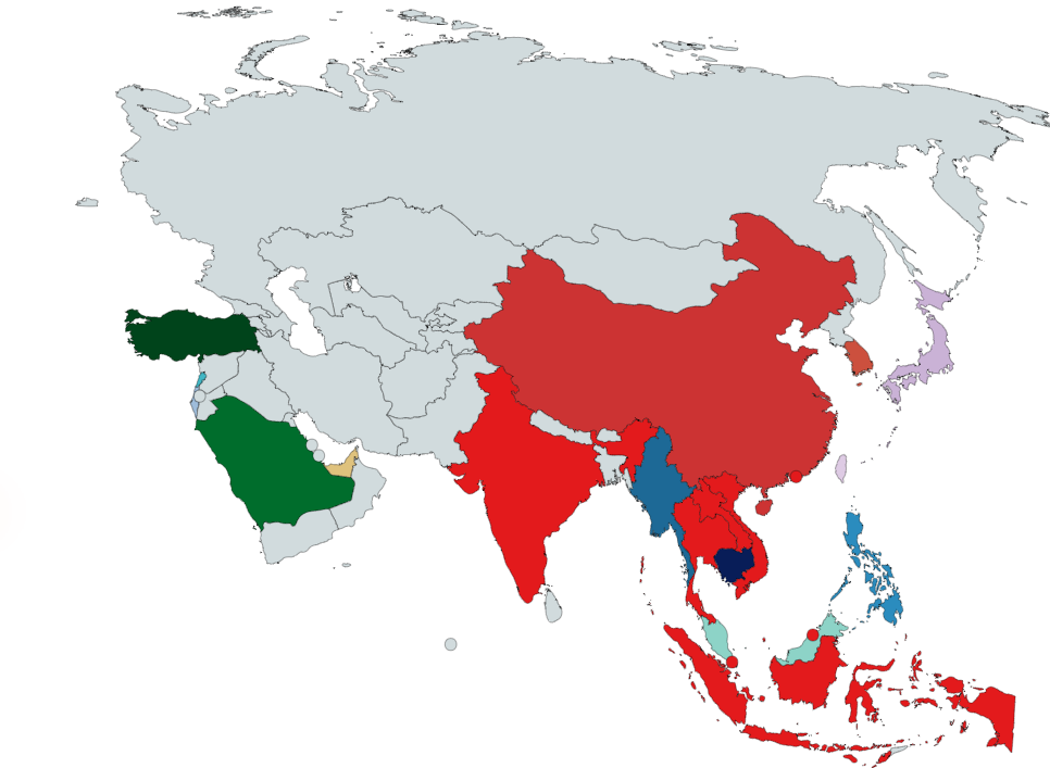 Map of Asia highlighting various countries in different colors.