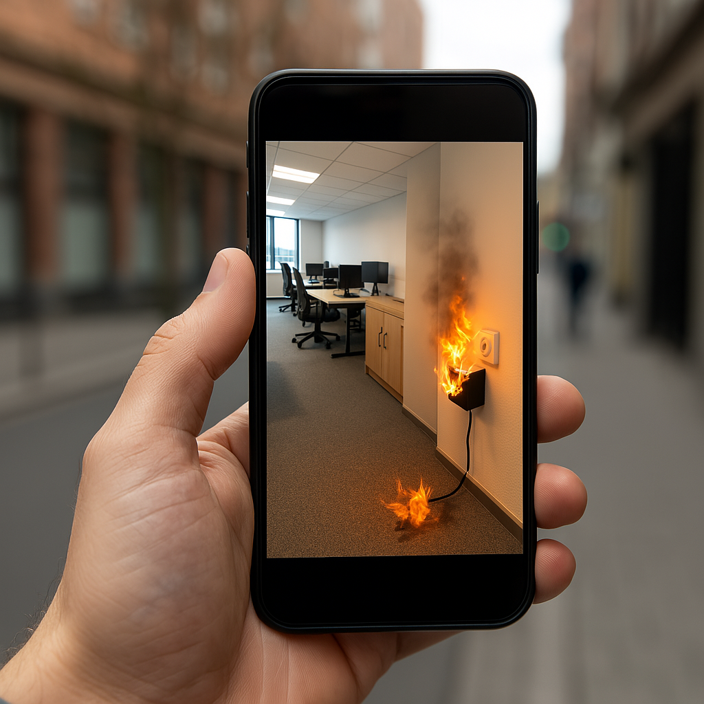 Une personne tient un téléphone portable avec une image d'un incendie sur l'écran