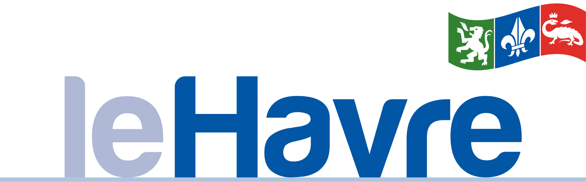 Logo du Havre avec un texte bleu et un graphisme coloré représentant un lion, une fleur de lys et une salamandre.