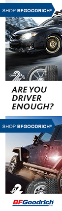 Vertical advertisement for BFGoodrich tires showing a car on snow, a Jeep on rock, and the text